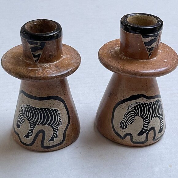 Kenya Handmade Soapstone 2 Candle Holders Zebra Theme Vintage Flawed Scratched - Picture 1 of 6